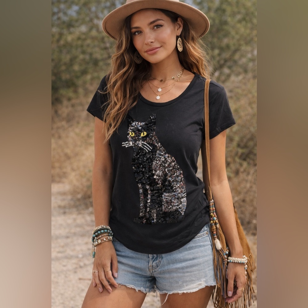 Vintage H&M Sequin Black Cat Tee - Small